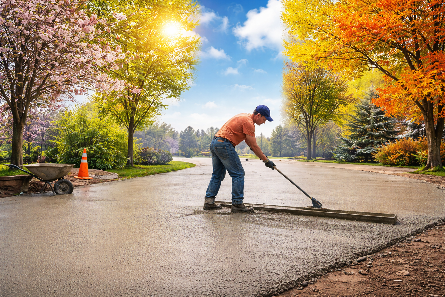 Concrete being poured during ideal spring and summer conditions in Ohio