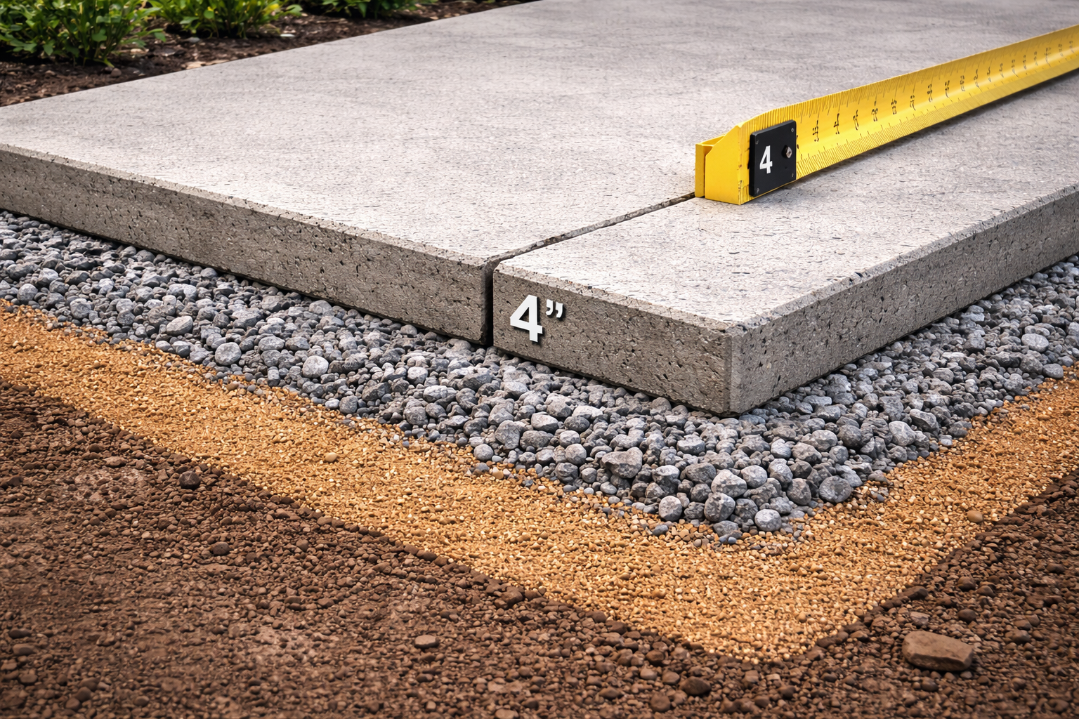 Cross section of concrete driveway showing proper thickness and base preparation