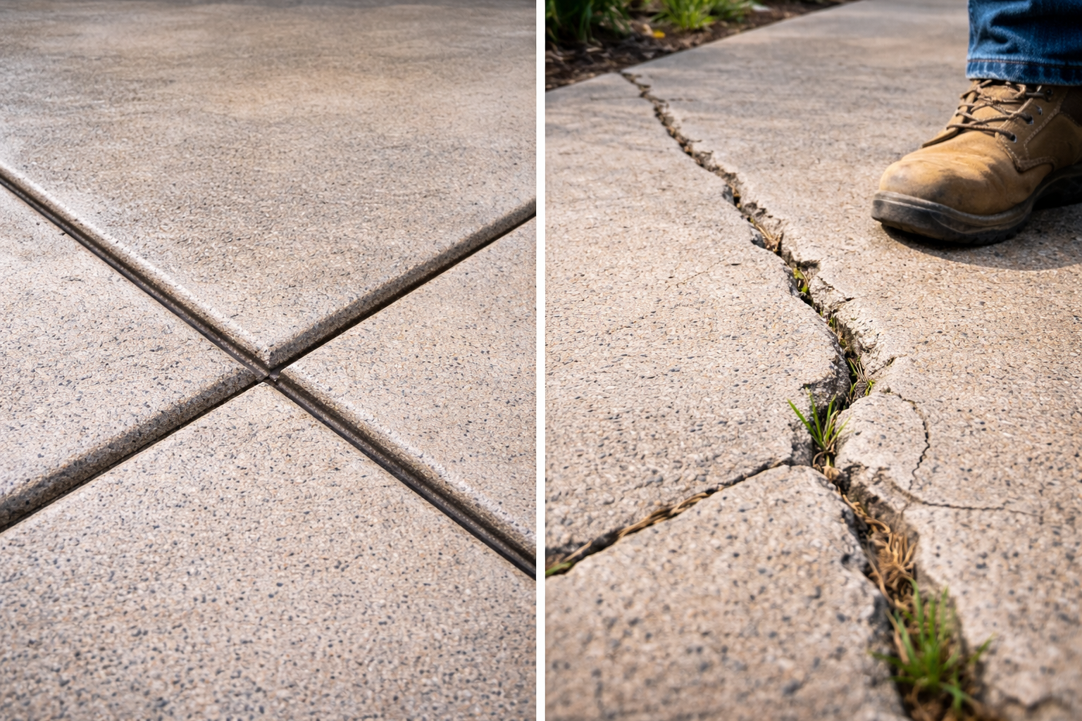 Concrete driveway showing control joints and natural cracking patterns