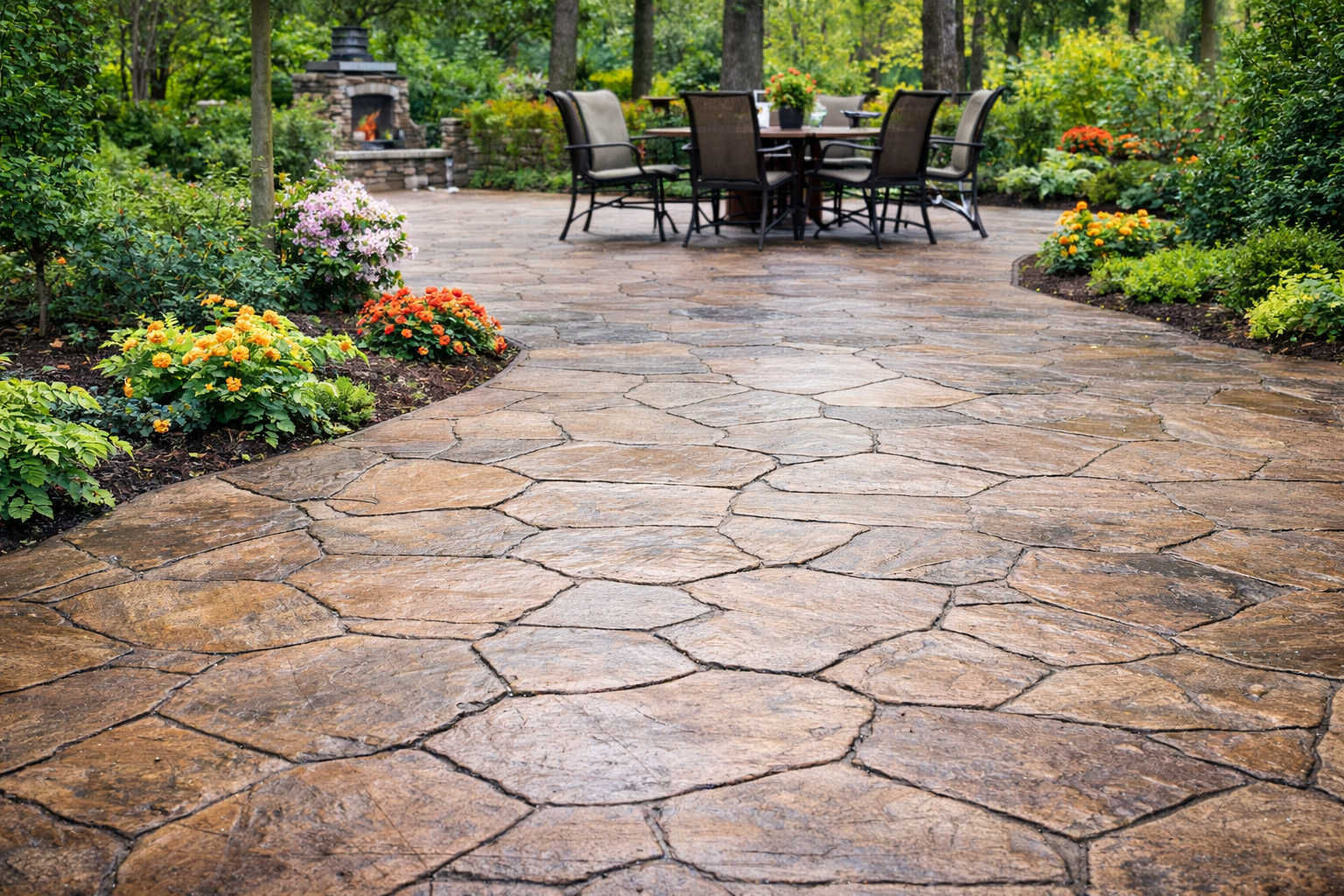 Decorative stamped concrete patio designed to resemble natural stone