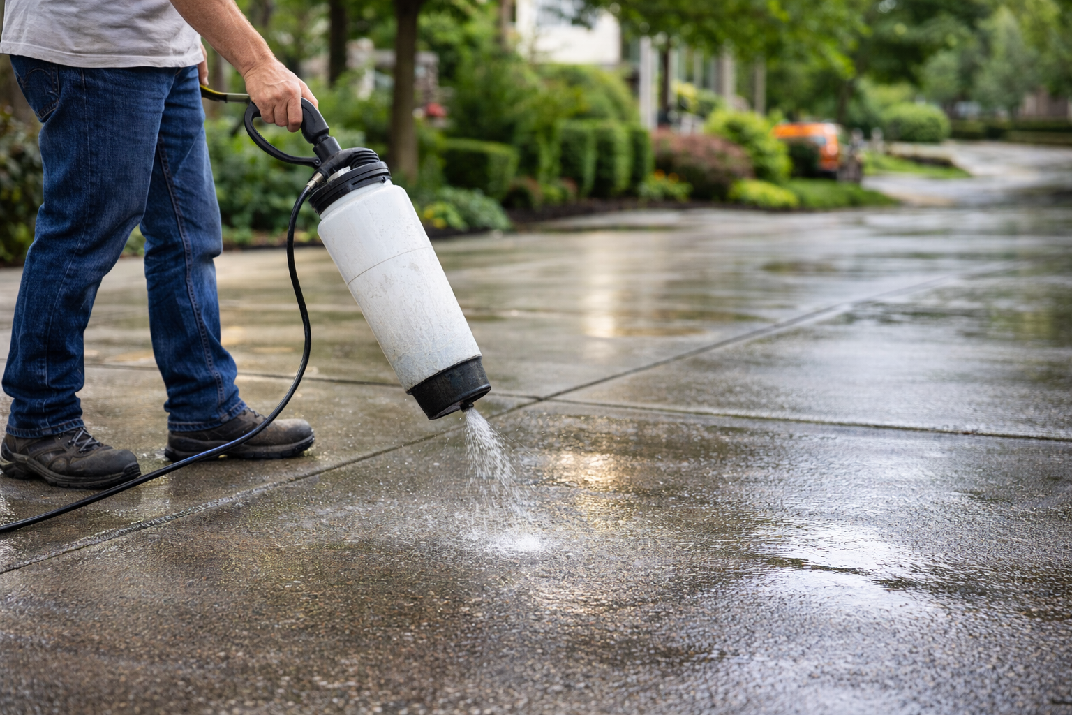 Worker applying concrete sealer to protect driveway from moisture and salt